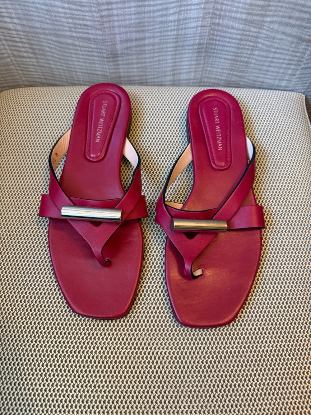 Stuart Weitzman Raspberry Leather Slide Sandals with Silver Bar